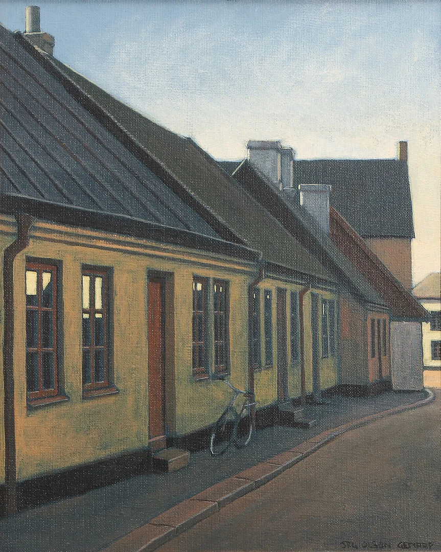 STIG ESPE OLSON. Oljemålning på duk, gathusvy, signerad. — Paintings — Skånes Auktionsverk