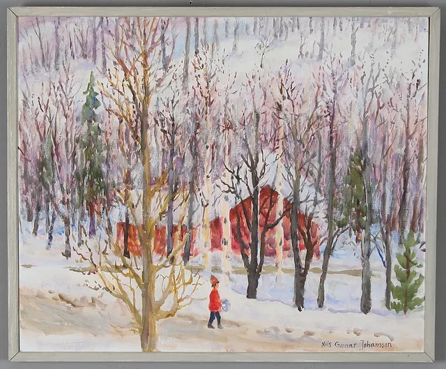 NILS GUNNAR JOHANSSON. Vinterpromenad, olja på duk, signerad.