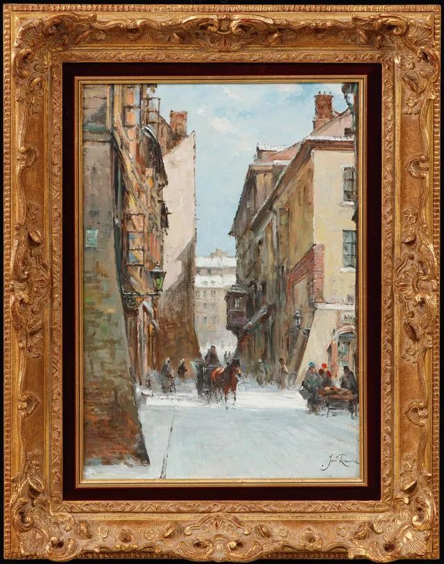 JAN RAWICZ. Stadsgata med figurer och hästspann, olja på duk, signerad.