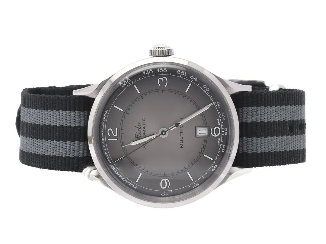 Mido, Multifort, herrur, stål 40mm, automatisk, safirglas, datum, skelettboett, armband i nylon, refnr: M040407Asnr: PLMLM6HU3, med extra läderband, garantikort i box samt ytterkartong — Klockor/Mido — Kaplans