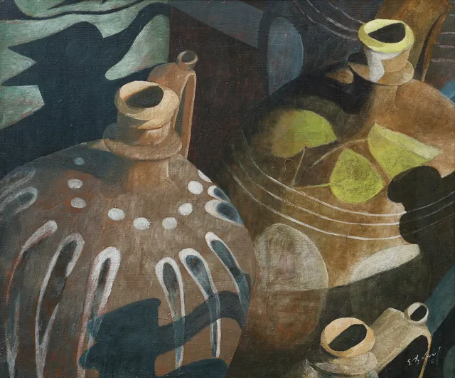 GÖSTA NYDAHL (1925-2008). "Krukmarknad", olja på duk, signerad.
