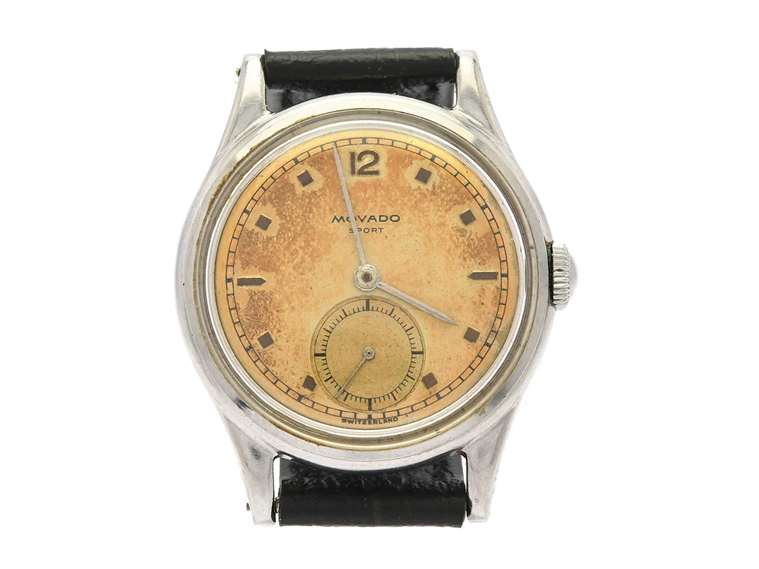 MOVADO (Switzerland), "Francois Borgel Case", herrur, 32 mm, Cal 150 MN, Boett nr. 0174522 / 11692, stål, manuell, plexiglas, liten sekundvisare, skadad urtavla, läderband, ca 1954. — Klockor/Movado — Kaplans