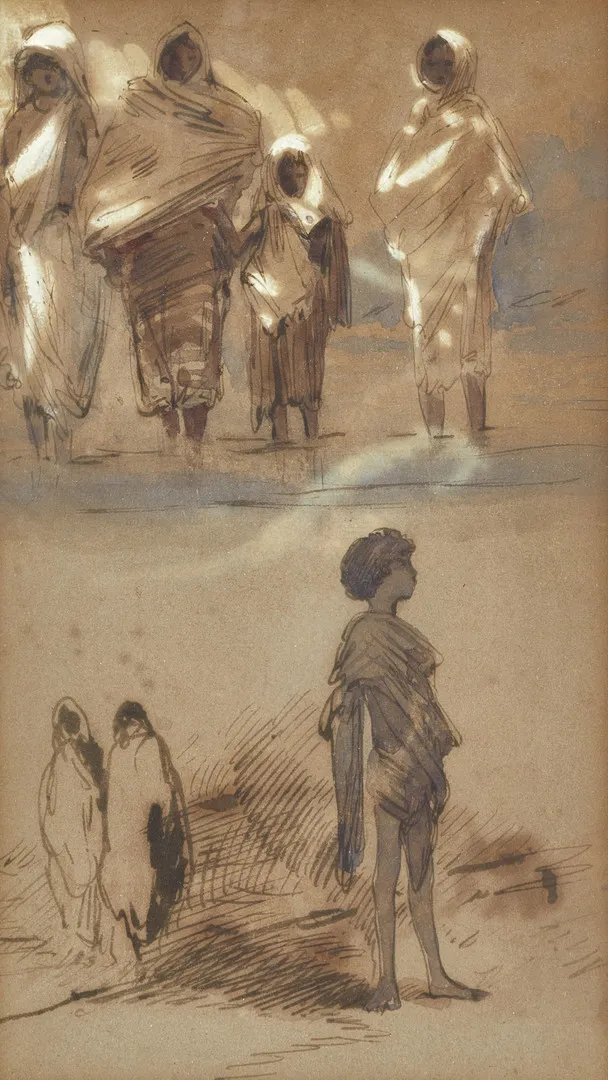 EGRON LUNDGREN (1815-1875). Figurstudier, utförd i Indien omkring 1858-59, a tergo intygad av Karl Asplund, tuschlavering med täckvitt och akvarell på papper.
