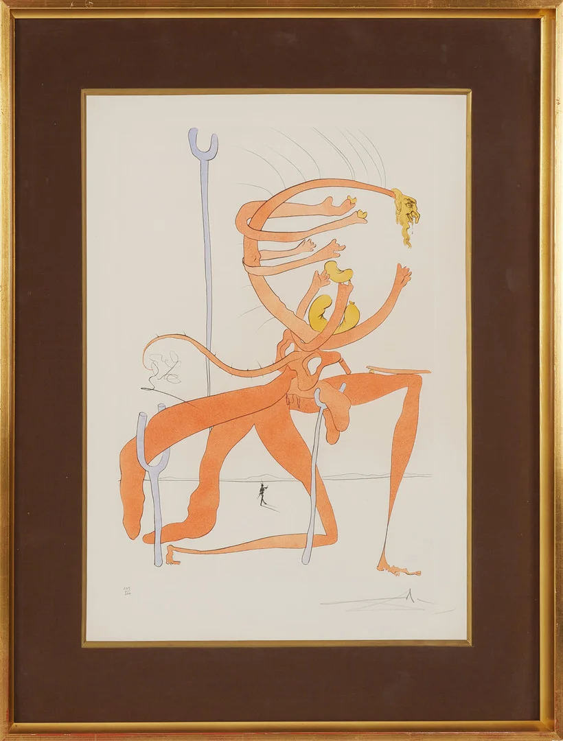 SALVADOR DALÍ. Ur: "Quevedos visioner", torrnål kolorerad med stencil, 1975, signerad med blyerts och numrerad 105/300. — Engravings & Prints — Stockholms Auktionsverk Magasin 5