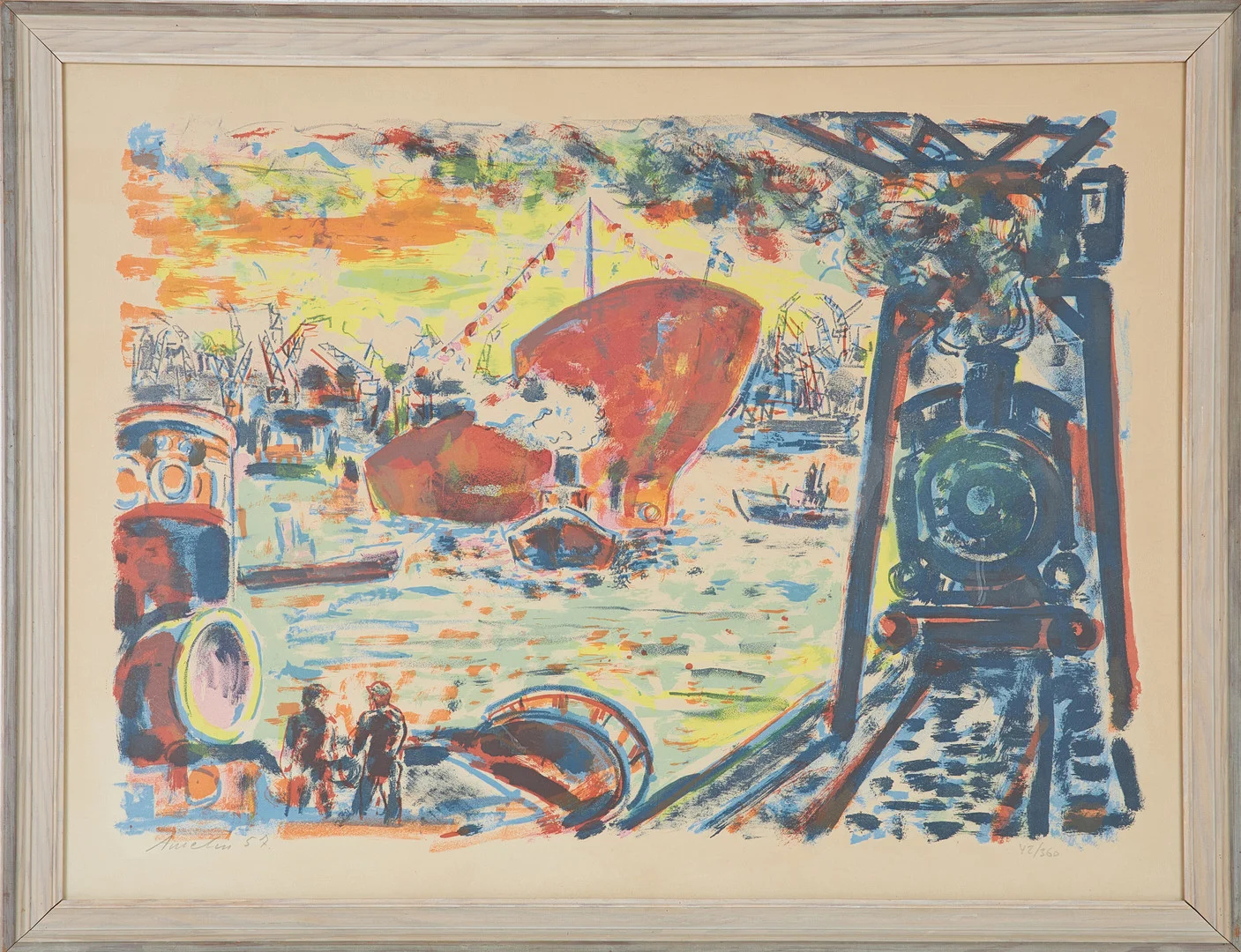 ALBIN AMELIN. Hamnmotiv, litografi, numrerad 42/360, signerad och daterad -57. — Engravings & Prints — Stockholms Auktionsverk Sickla