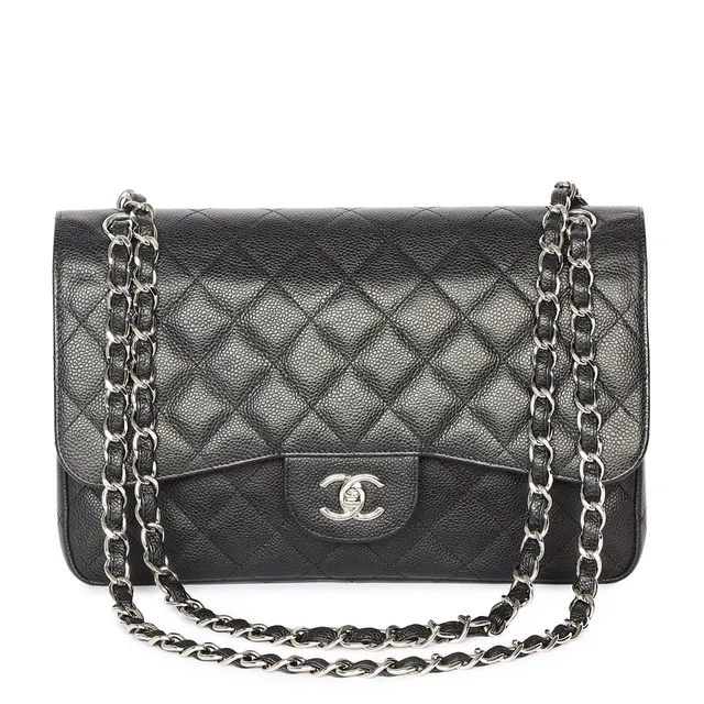 CHANEL. Classic 'Jumbo Double Flap' Bag - taske af Caviar læder og sølv hardware.
