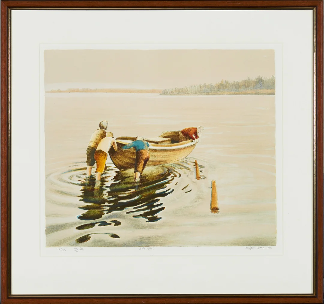 Sand, Vebjørn — "Ut på fiske" 1990 — Kunst/Grafikk — Blomqvist