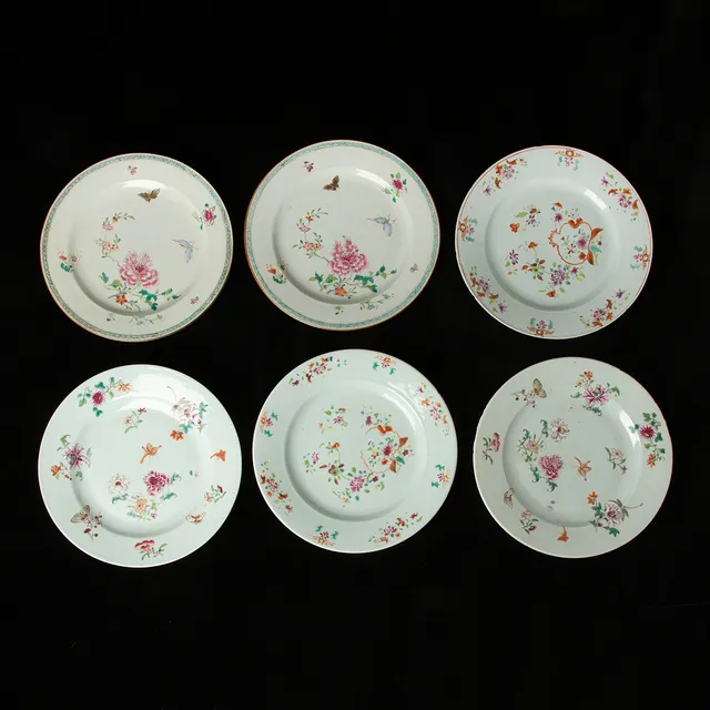TALLRIKAR. 6 st, porslin, Kina, famille rose, 1700-tal.