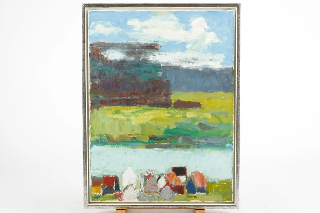 Per Flemming. Bygd, Færøerne. Olie på lærred — Paintings and sculptures/Modern pictorial arts — Lauritz