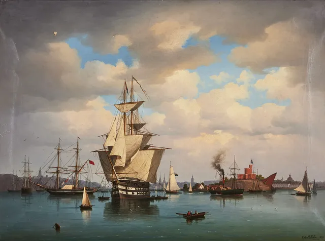 CARL ABRAHAM ROTHSTÉN (1826-1877). Stockholms inlopp 1859 med Kastellholmen, Gamla stan och Söders höjder i fonden.