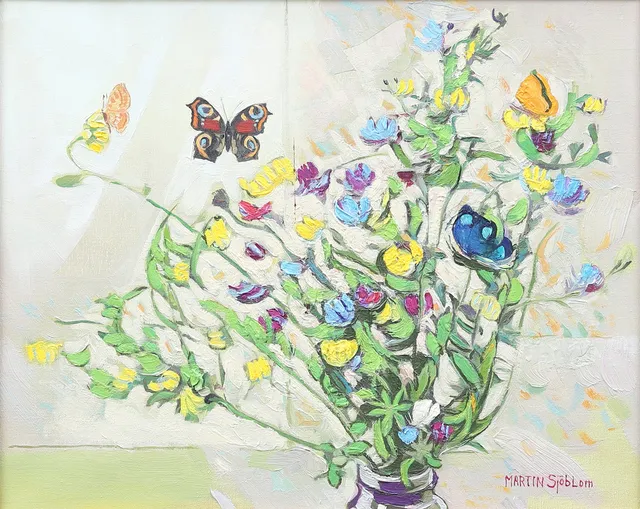 MARTIN SJÖBLOM (1920-2004). Blomsterstilleben, "Luzern och fjärilar, olja på duk, signerad.