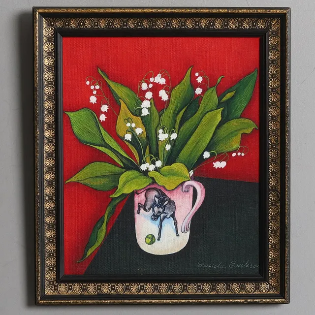 GUNDA ERIKSON (1932-2022). Blandteknik på pannå, "Åsna med boll", signerad.