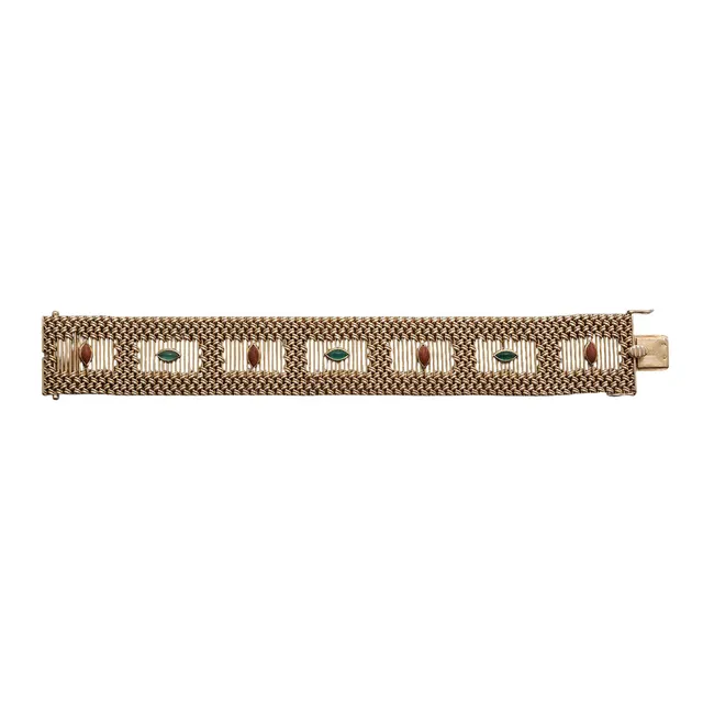 Gold mesh and gemstones bracelet, circa 1960.