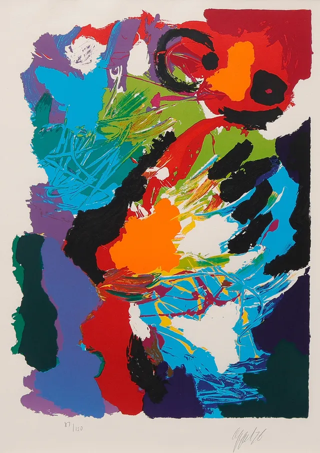 KAREL APPEL. Färglitografi, abstrakt motiv, signerad och daterad -76.