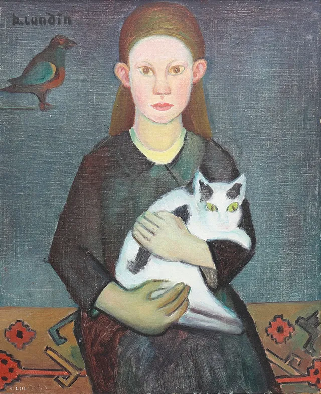 ALVAR LUNDIN (1894-1975), "Flicka med katt och fågel", olja på duk.
