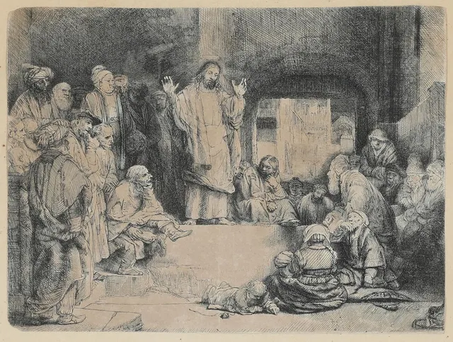 Rembrandt van Rijn: “Christ Preaching” (La Petite Tombe). About 1652. Etching, burin and drypoint. Sheet size 15×20 cm.