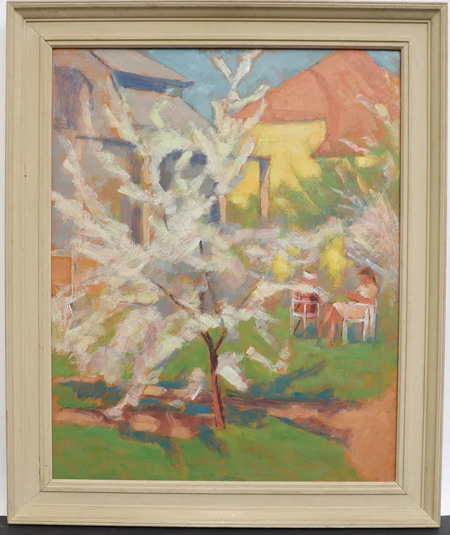 HARRY THOMANDER. Trädgårdsbild med figur, oljemålning på pannå, á tergo signerad.