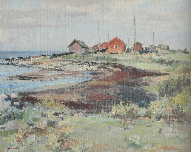 SVEN JOANN. "Vid Böda hamn". Olja på pannå, signerad och daterad 1956 tergo.