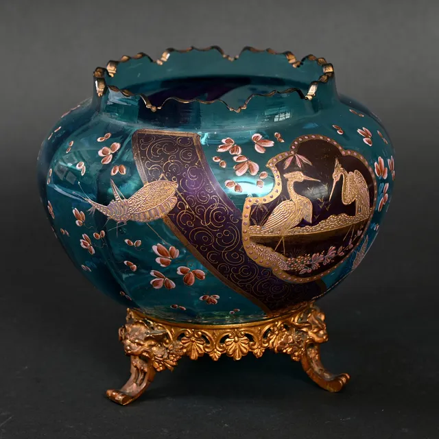 BOHEMIAN GLASS BOWL & METAL MOUNTS - INSECTS.