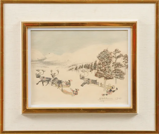 NILS NILSSON SKUM. Slädekipage på fjället, färgkrita, signerad och daterad 1940.