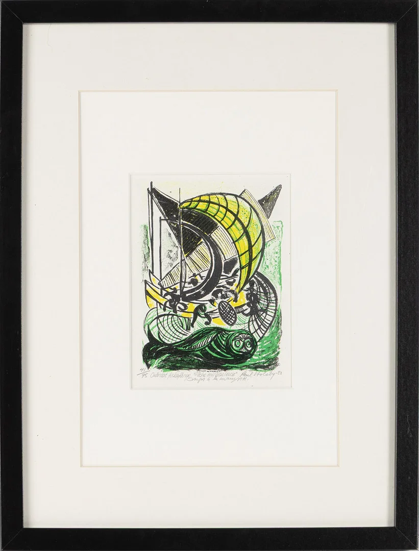 PAUL HOLSBY. Färglitografi, "Oväntat fiskafänge" / "Peche Miraculeuse", signerad, numrerad och daterad 41/75 1980. — Engravings & Prints — Stockholms Auktionsverk Helsingborg