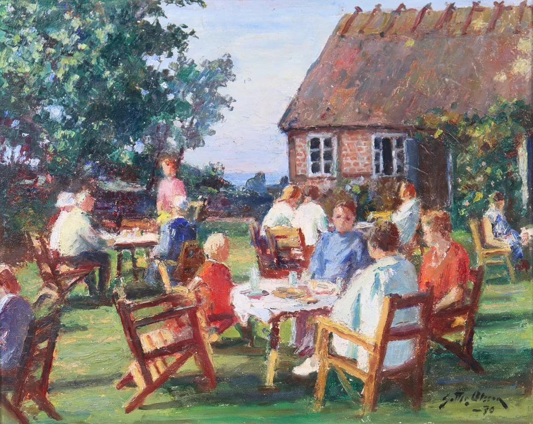 GOTTFRID OLSSON (1890-1979). olja på pannå, sammankomst i trädgård. — Paintings — Markus Auktioner