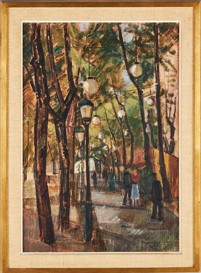MARGARETA CARLSTEDT (FÖDD 1934). Stadsallé, signerad samt daterad 1955, olja på duk.