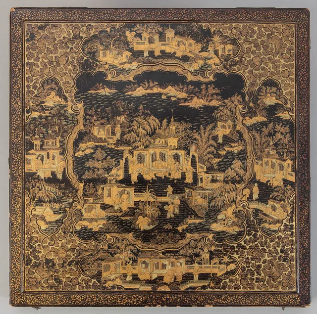 Holzkasten mit Lackarbeiten. Kanton. um 1900.