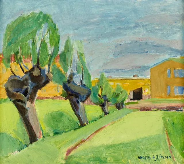 ANDERS A JÖNSSON (1907-2002). "Pilar vid Rosengårdsstaden", olja på pannå, signerad.