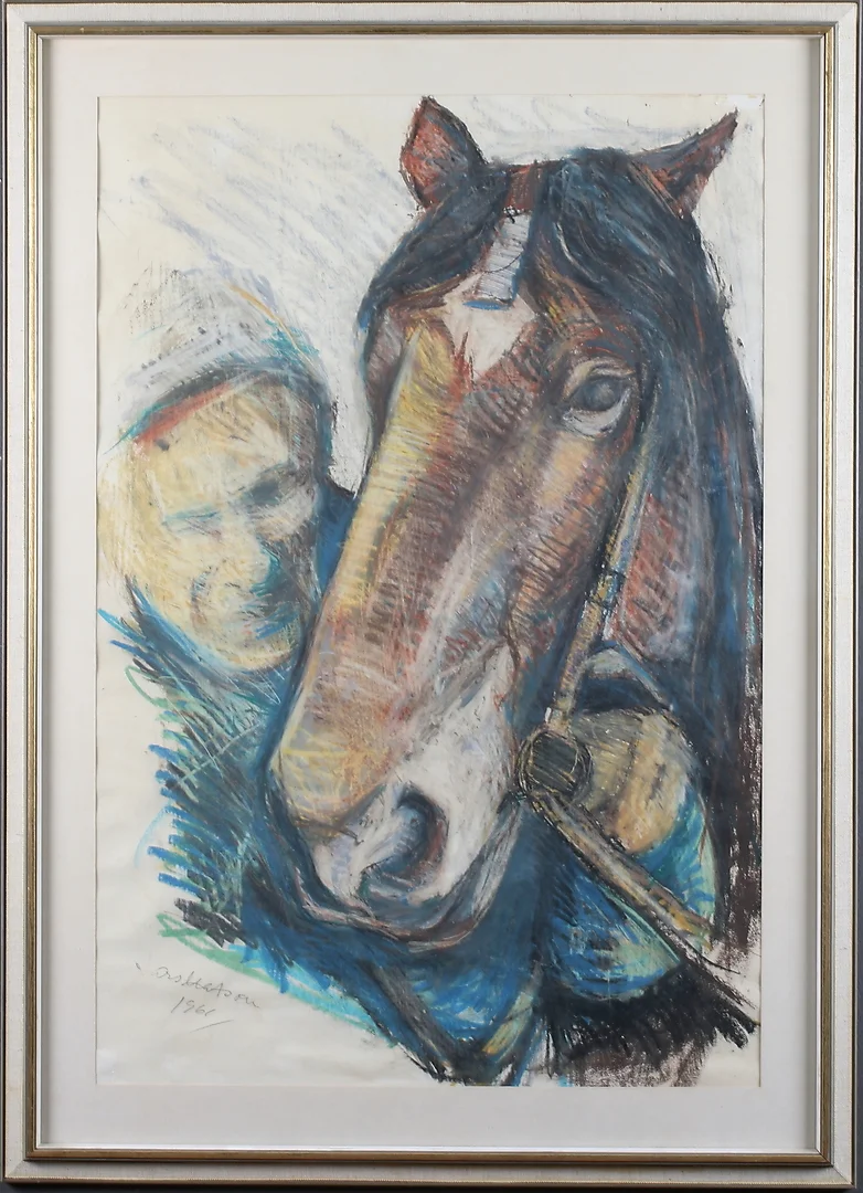 LARS MATSON. Man med häst, pastell på papper, signerad och daterad 1961. — Drawings — Stadsauktion Sundsvall