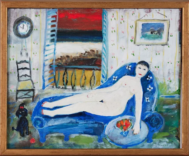 KRISTINA JÖRED (1913-2003). "Den blå soffan", signerad och daterad -67, olja på duk.