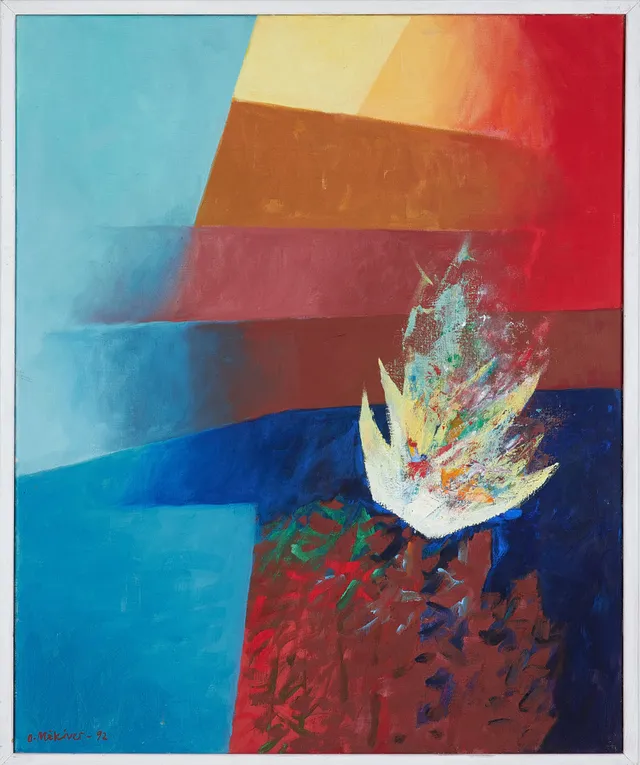 OLEV MIKIVER (1922-1994). "Vårdkase / Muistne märgutuli", olja på duk, signerad samt daterad.