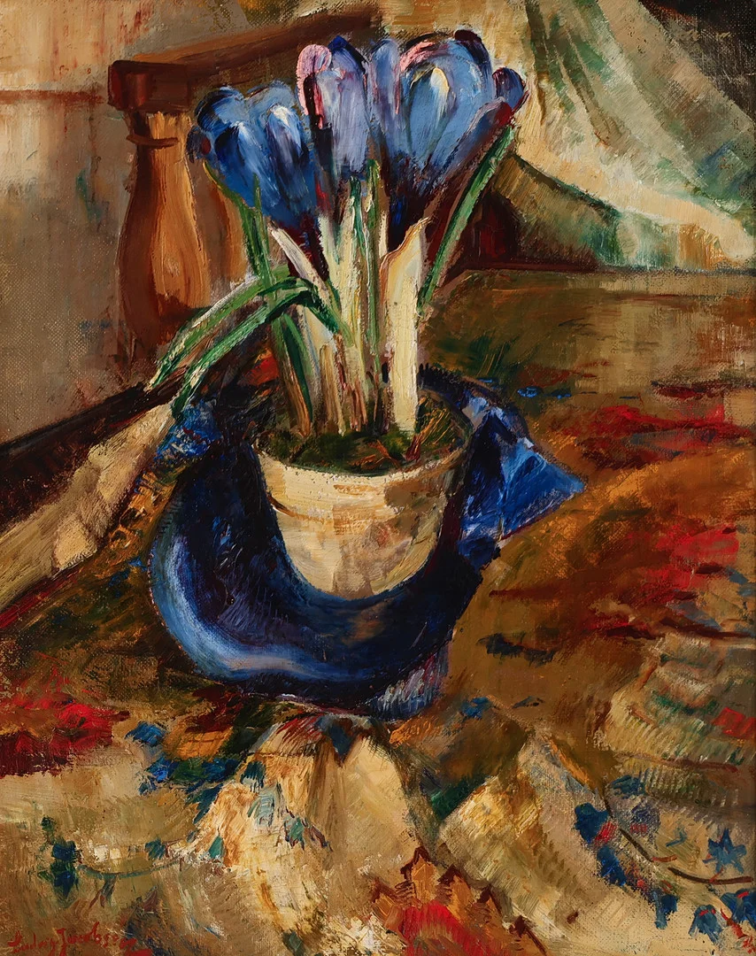 LUDVIG JACOBSEN (1890-1957). Stilleben med blå krokus i potte, olie på lærred, signeret. — Paintings — Palsgaard Kunstauktioner