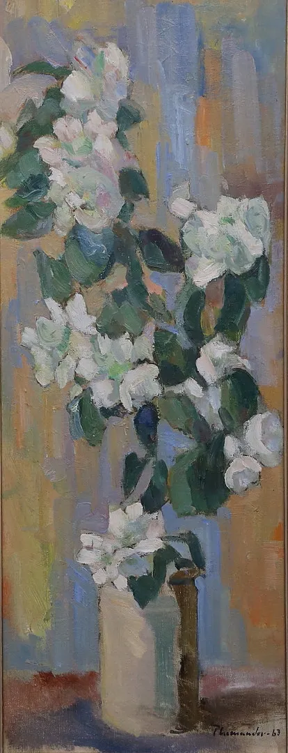HARRY THOMANDER. "Blommande gersminkvist". Olja på duk, signerad och daterad -63.