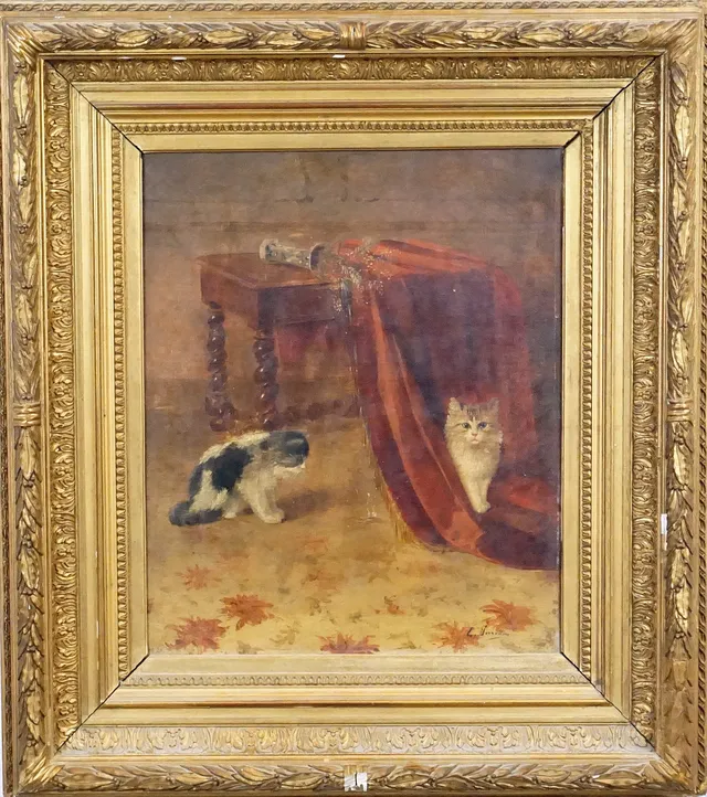 OIDENTIFIERAD KONSTNÄR, olja på duk, motiv av katter, 1800-tal, signerad E. Perreton.