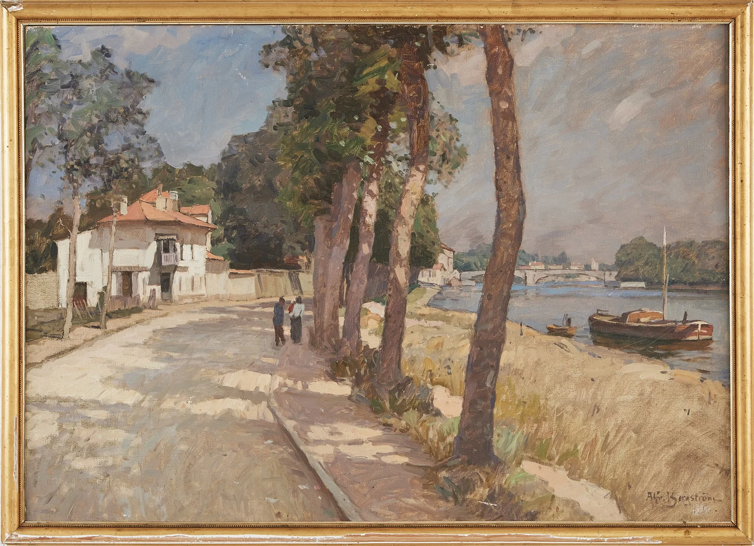 ALFRED BERGSTRÖM (1869-1930). "Motiv från Seinen", olja på duk, signerad Alf.Bergström, daterad a tergo 1926. — Paintings — Stockholms Auktionsverk Magasin 5