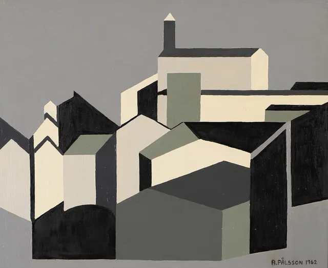 OIDENTIFIERAD KONSTNÄR. Kubistiska hus, olja på pannå, signerad A. Pålsson 1962.