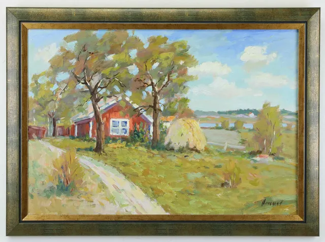OIDENTIFIERAD KONSTNÄR. Olja på duk, Sommarlandskap med rött hus, signerad.