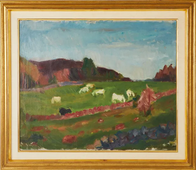NILS NILSSON (1901-1949):. Kor i hage (Hanshals, Halland), olja på duk.