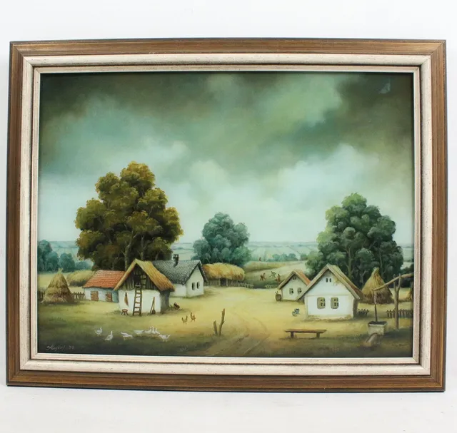 SAVA STOJKOV (1925-2014). Hinterglasmalerei, Bauernhof (1979).