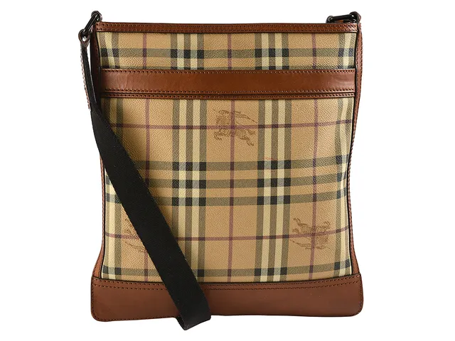 VÄSKA, BURBERRY, rutig canvas, brunt läder, 30x32cm.