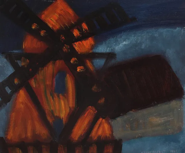 Mill. Signed Vibeke Alfelt, 1961. Oil on canvas. 41×48 cm.