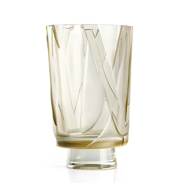 SVEN ERIK SKAWONIUS. Vas, svagt gultonat glas med slipad samt delvis frostad geometrisk dekor, signerad, numrerad samt daterad "Skawonius 34/10 Kosta 1935".