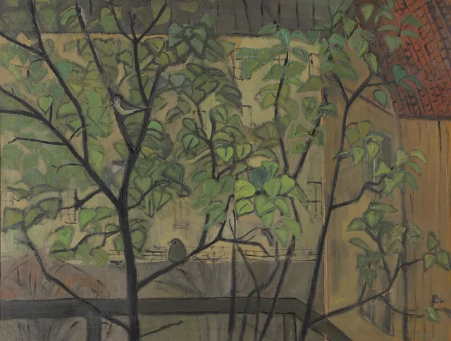 MONA JOHANSSON. "Mitt syrenträd", olja på duk, signerad Mona J-N 1952.