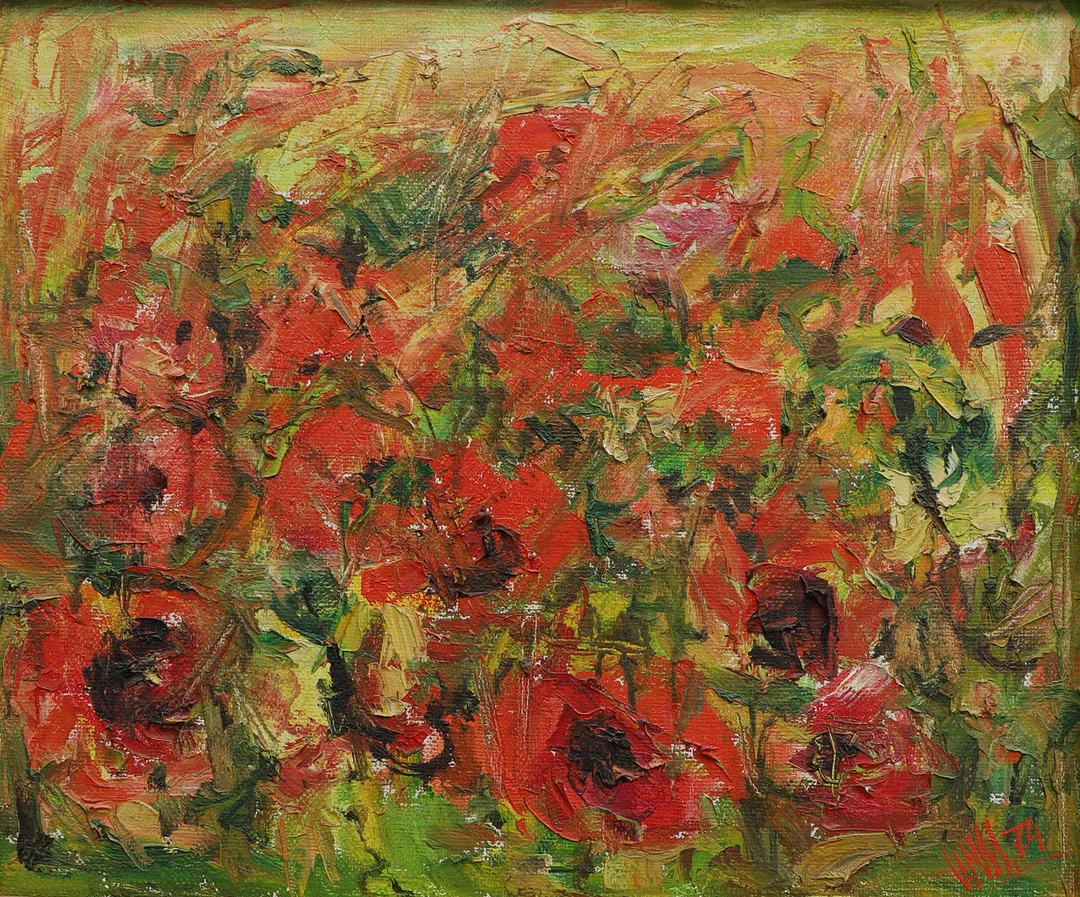 OIDENTIFIERAD KONSTNÄR. Olja på duk, vallmoblommor, signerad och daterad 74. — Paintings — Ekenbergs Auktioner