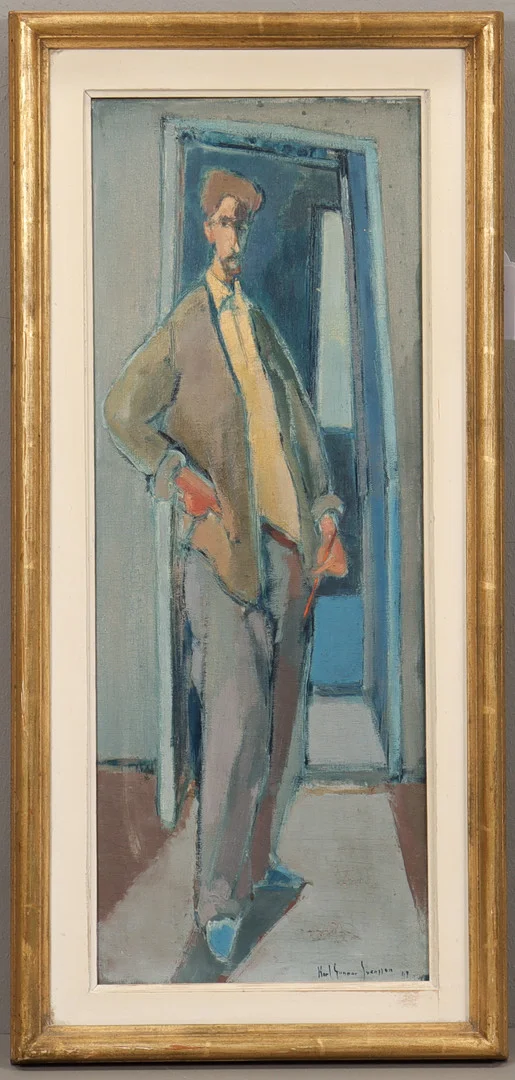 KARL GUNNAR SVENSSON. Självporträtt med pensel. — Paintings — Karlstad Hammarö Auktionsverk