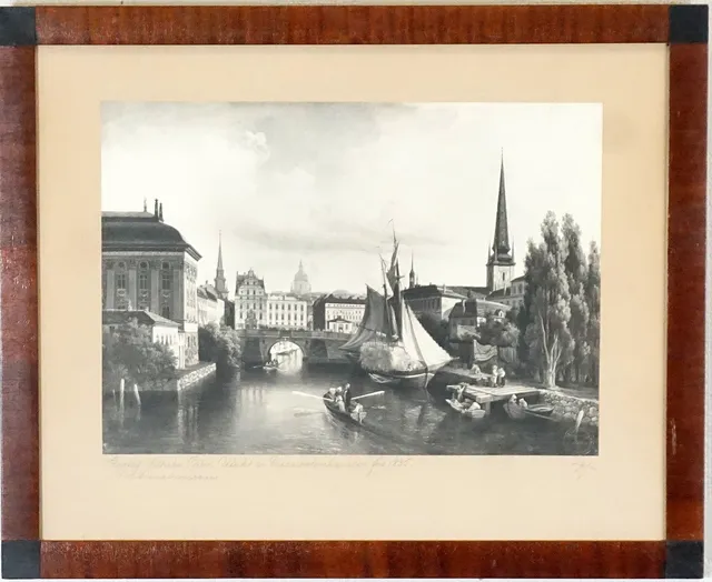 GUSTAF WILHELM PALM. EFTER. Tryck, "Utsikt av Riddarholmskanalen före 1835", stämplad Nationalmuseum.