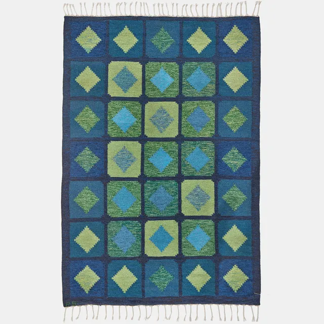 BIRGITTA SÖDERGREN. TILLSKRIVEN. Matta, rölakan, geometriskt mönster i gulgrönt mot blå botten, signerad, 230 x 160.