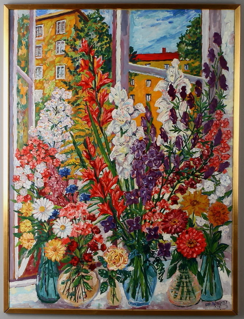 KARL DAHLQVIST. Blomsterstilleben, olja på pannå, signerad och daterad 1961. — Paintings — Auktionshuset Kolonn