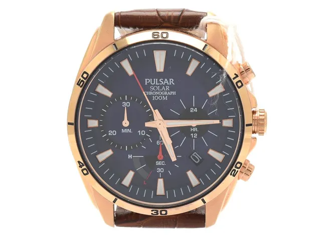 Pulsar, Solar, Chronograph, herrur, stål, 42mm, quartz, kronograf, datum, läderband, snr: 842135, ref: VR42-X010, repor baksida boett